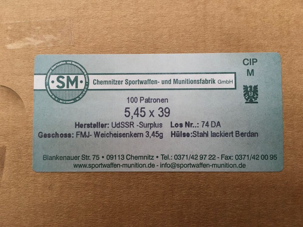 SM 5,45x39 SM FMJ Surplus Munition (3,45g / 53grs) – 100 Stk. lackiert
