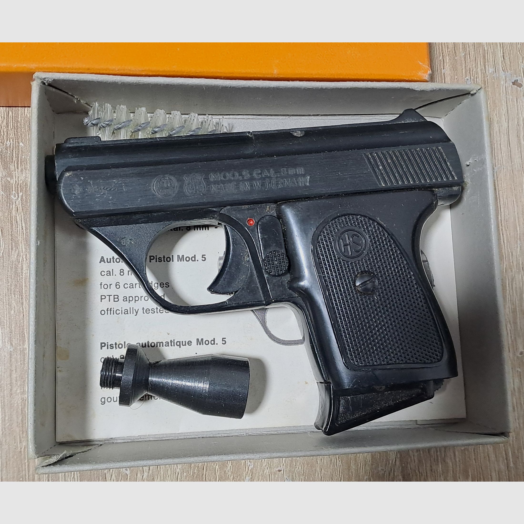 HS Mod.5 in caliber 8 mm blank/ PTB 100/2 with packaging!