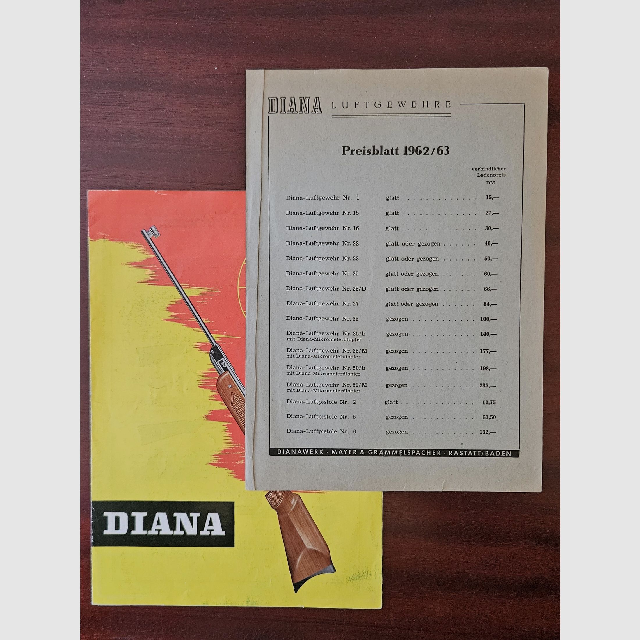 Scheda prodotto originale della ditta Diana 1962 / 63