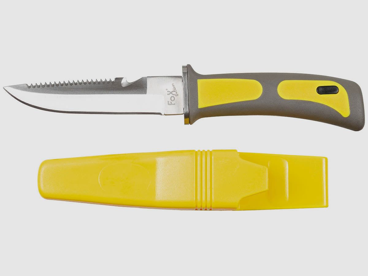 Tauchermesser, gelb-schwarz, Gummigriff, Scheide