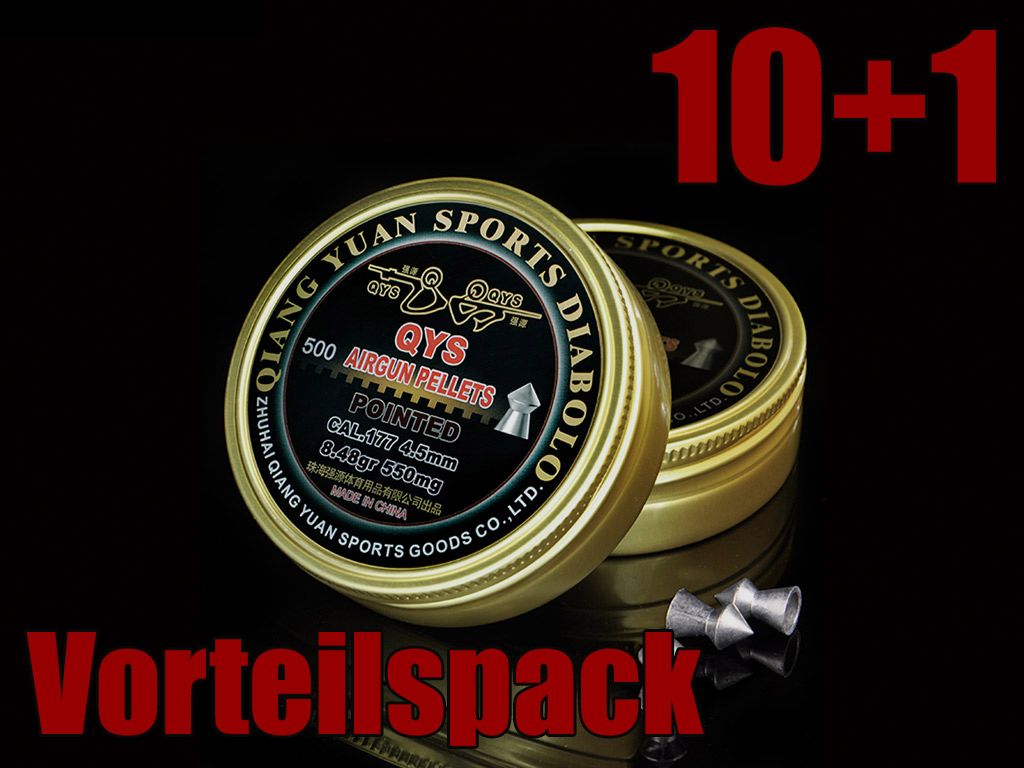 10+1 GRATIS x 500 StĂĽck QYS Qiang Yuan Sports Pointed Diabolo, Spitzkopf, glatt, 0,55 g, Kaliber 4,49 mm