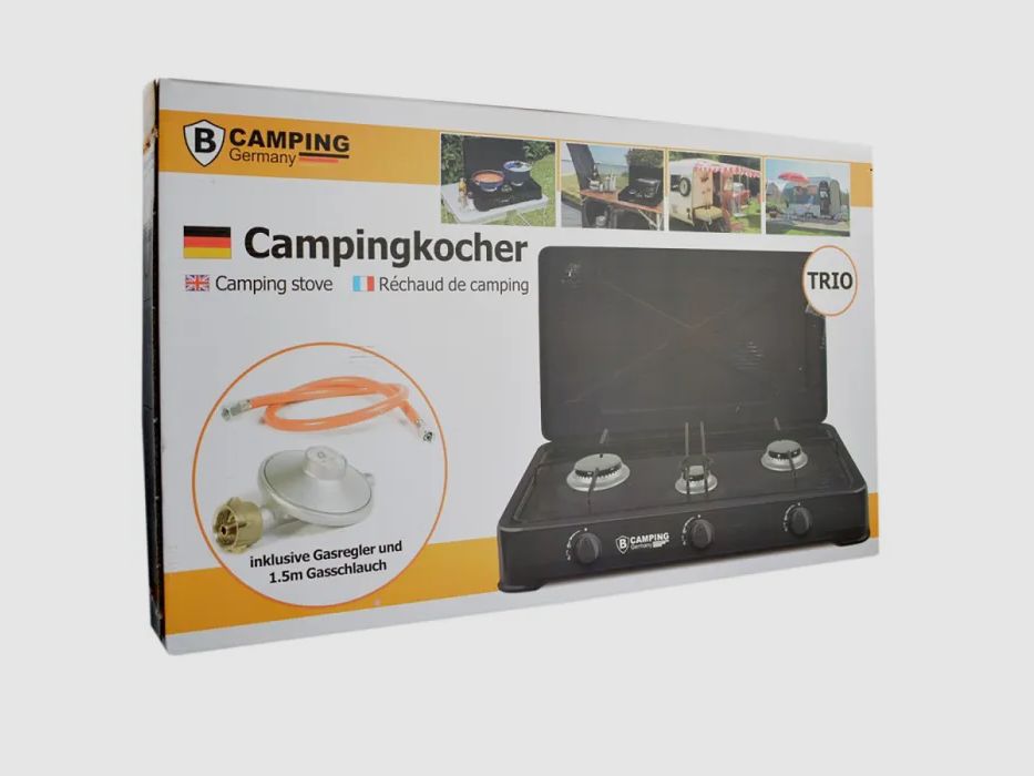 Gaskocher 3-flammig (TRIO) mit Anschluss-Schlauch und Druckminderer