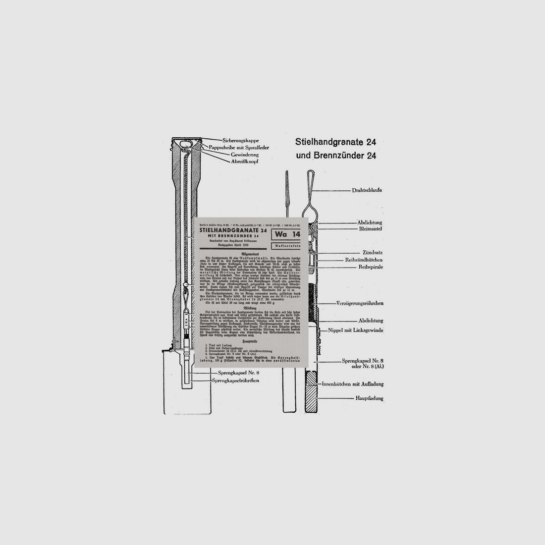 Nachdruck Taschenkarte Wehrmacht Stiel-Handgranate 24