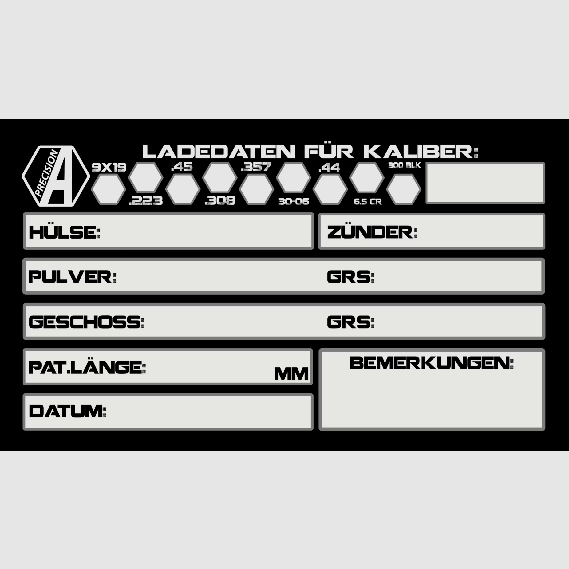 Alpha Precision 100 Aufkleber für Ladedaten