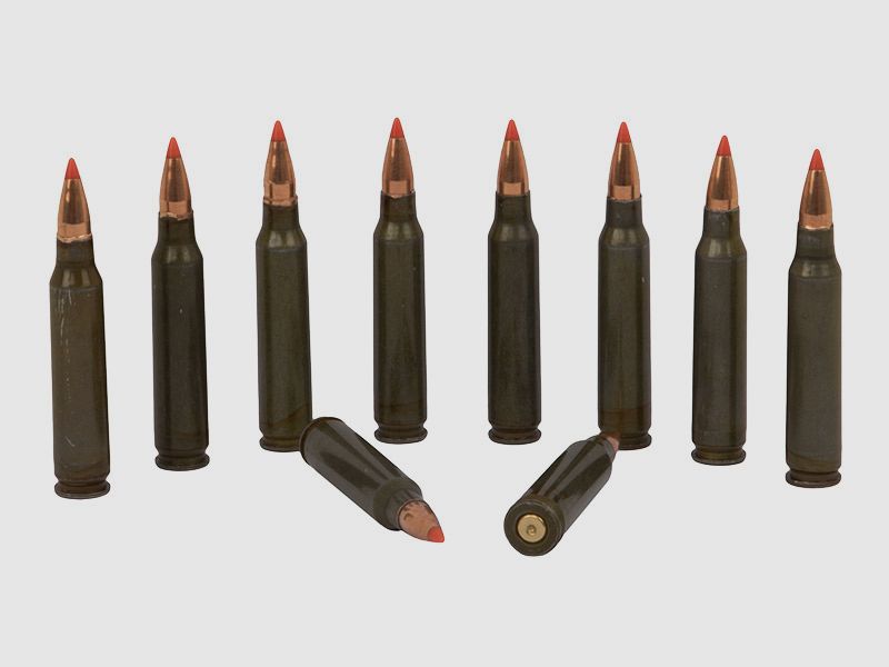 Dekopatronen Gewehrpatronen Kaliber 5,56 x 45 mm NATO .223 Remington mit StahlhĂĽlse und Plastikspitze blinde Originalpatronen 10 StĂĽck (P18)