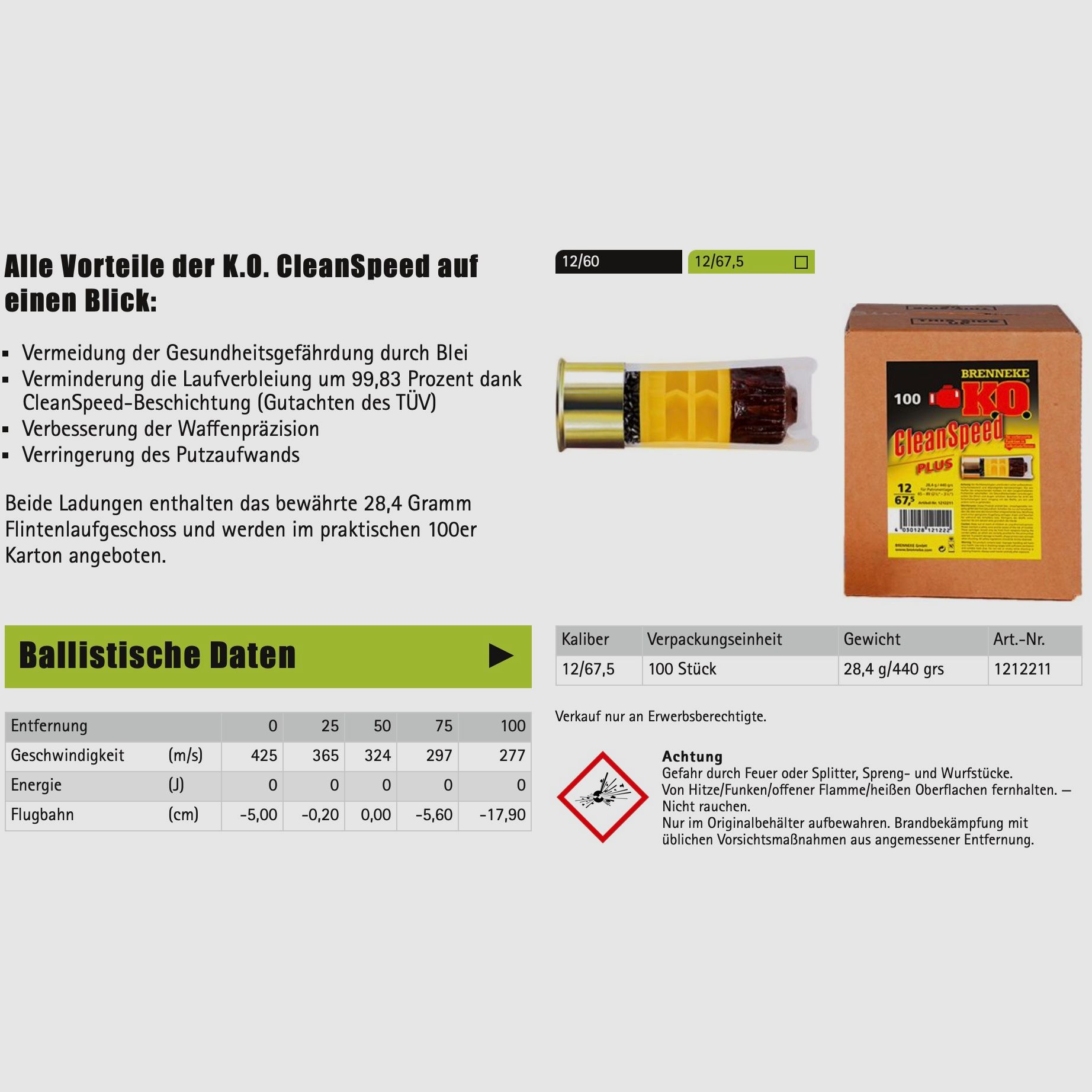 Brenneke 2004958 K.O. CleanSpeed Plus für Selbstladeflinten 28,4g 12/67,5 Flintenlaufgeschoss