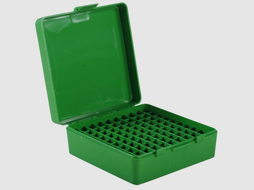 MTM scatola per cartucce P-100-3-10 verde con coperchio a ribalta per 100 cartucce .38/.357 e altre.