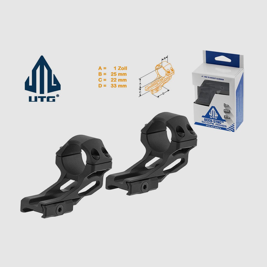 UTG 37 mm Versatz-Ringmontage AccuSync, 1 Zoll Mittelrohrdurchmesser, fĂĽr Weaverschiene, hoch