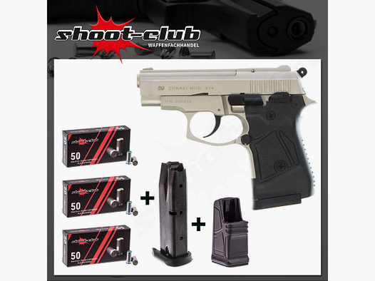 Zoraki 914 Satina Pistolet à Blanc 9 mm P.A.K. Ensemble de Cartouches