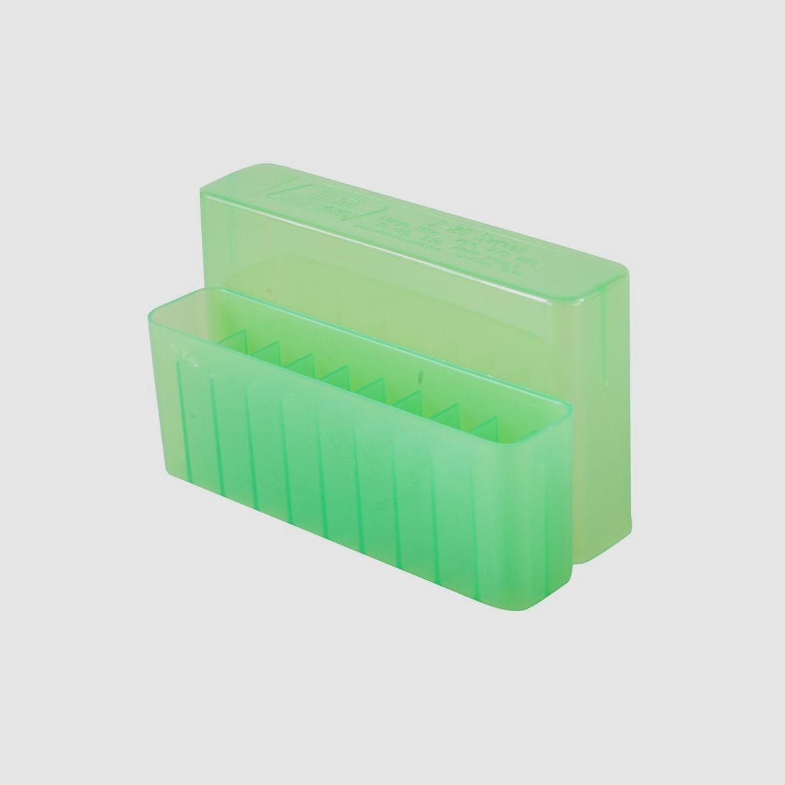 Caja de cartuchos MTM J-20-L-16 verde transparente con tapa para 20 cartuchos .30-06 y otros.