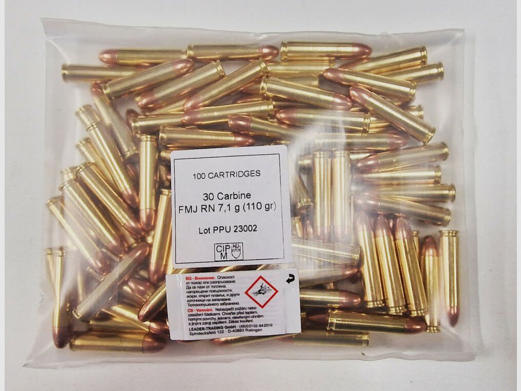 MUN-1377-100 PPU Privi Partizan .30 Carbine (A-024B) BULK 7.1g - 110grs - FMJ RN 100x cartridges in bag