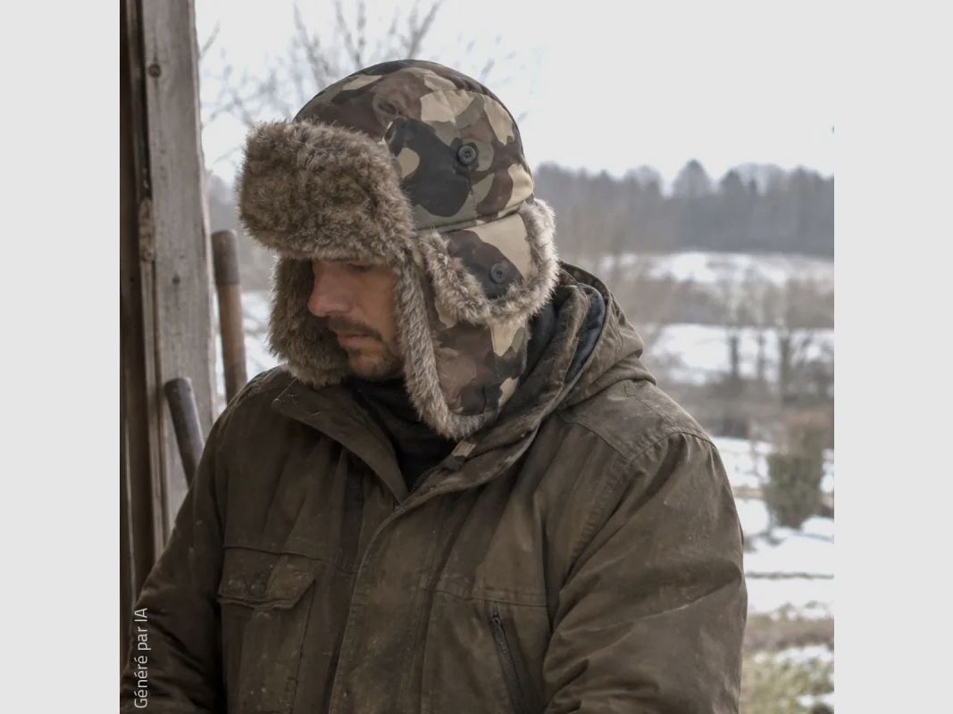 Chapka camouflage polyester avec fausse fourrure, image 5 sur 6