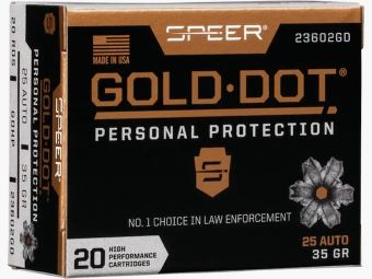 Speer Gold Dot Protection Personnelle .25 ACP 35GR GDHP 20 cartouches