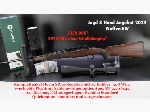 Jagd und Hund 2024 Komplettpaket Heym SR30 Repetierbüchse 308 Win. + Zielfernrohr+Schalldämpfer