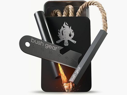 BUSH GEAR Feuerstahl-Set & Zunder in Aluminiumdose inkl. 2x Ersatz-Zunder - Feuerstarter-Set Outdoor & Zuhause - Survival-Kit - Feuerstein für jedes Wette