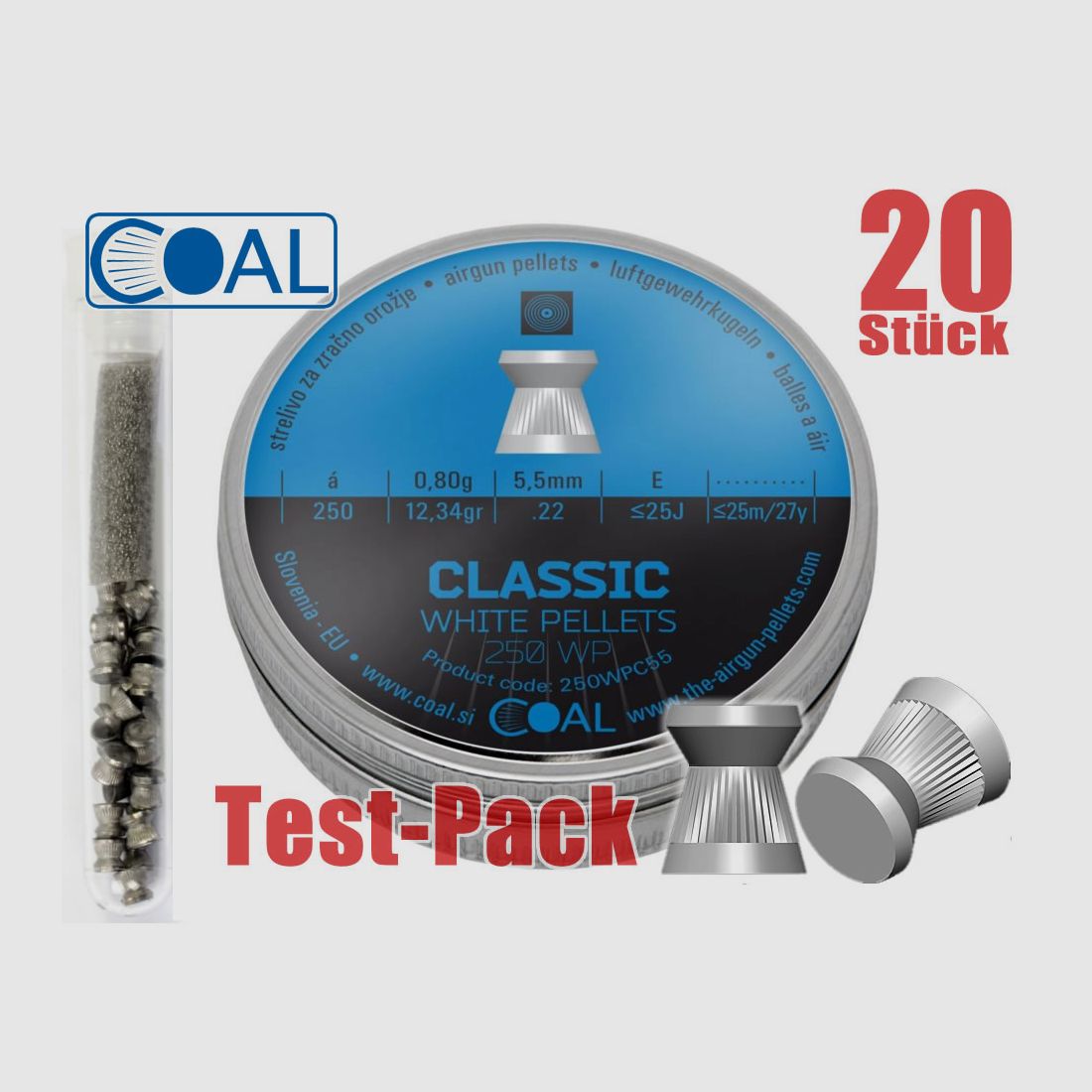 Testpack 20 StĂĽck COAL Flachkopf-Diabolos WHITE PELLETS CLASSIC, Kaliber 5,5 mm, 0,80 g