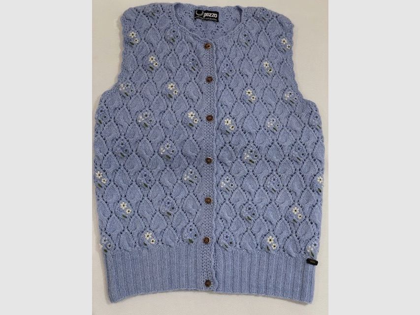 Pezzo Gilet Lavorato a Maglia a Mano con Fiori in Cashmere e Lana Merino in Azzurro Chiaro