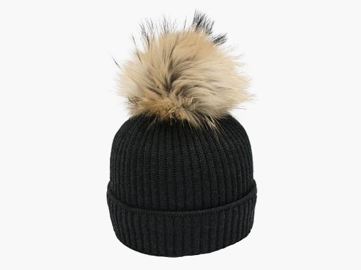 Merino-Strickmütze mit Echtfellbommel und Rippstrickmuster