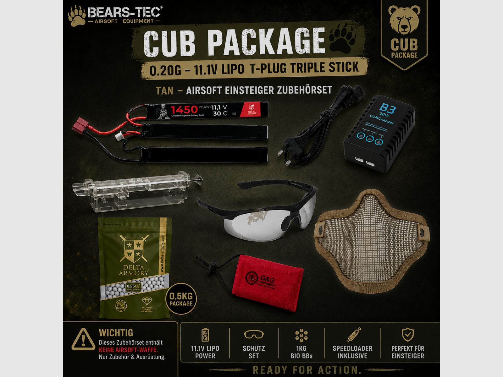 Cub Package 0.20g – 11.1v LiPo T-Plug Triple Stick TAN – Zestaw akcesoriów dla początkujących do Airsoftu