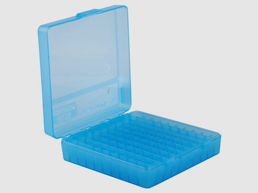MTM scatola per cartucce P-100-9-24 blu trasparente con coperchio a ribalta per 100 cartucce 9mm e altro.