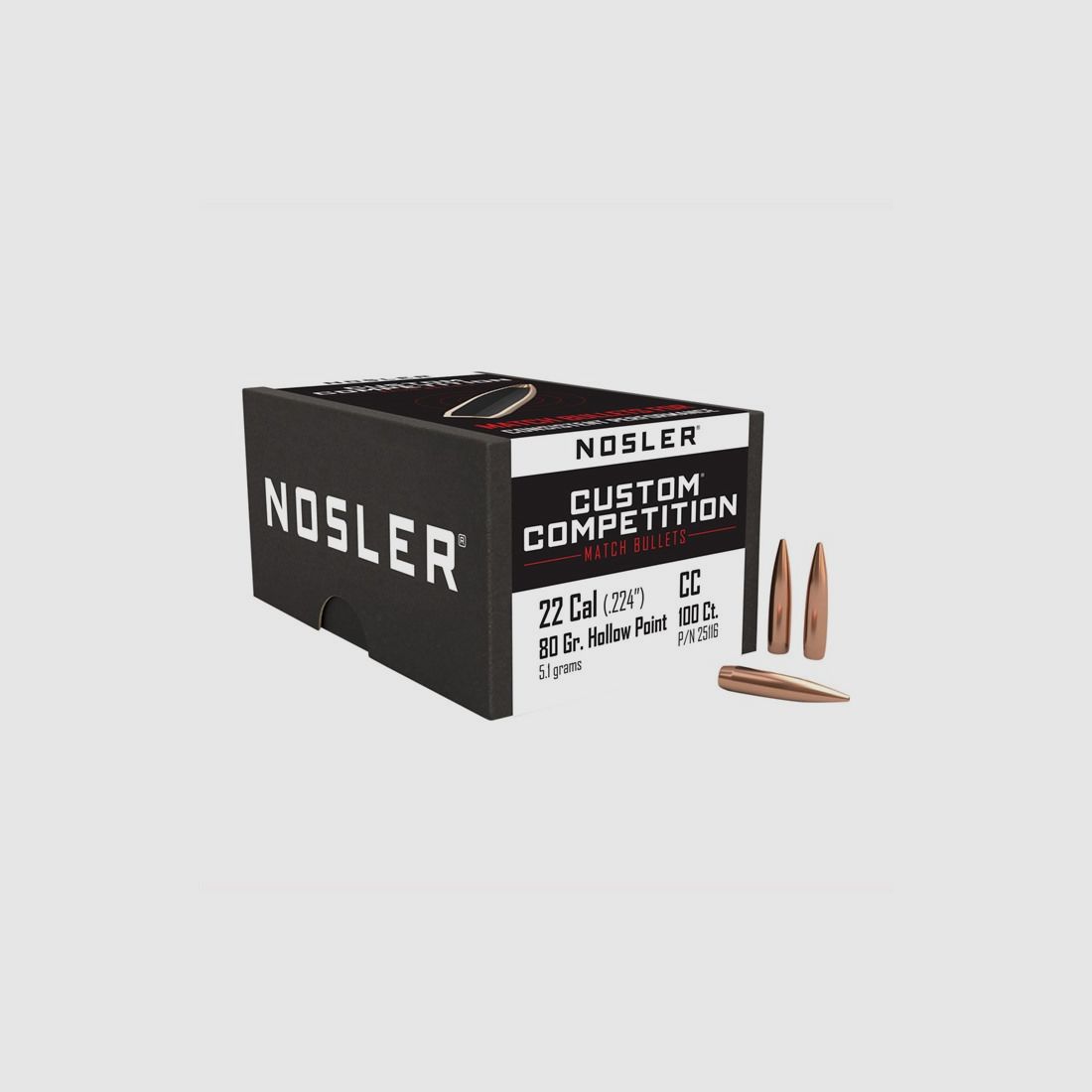 NOSLER 22 CALIBER (0.224″) 80GR HOLLOW POINT BOAT TAIL 100/BOX, image 2 of 2