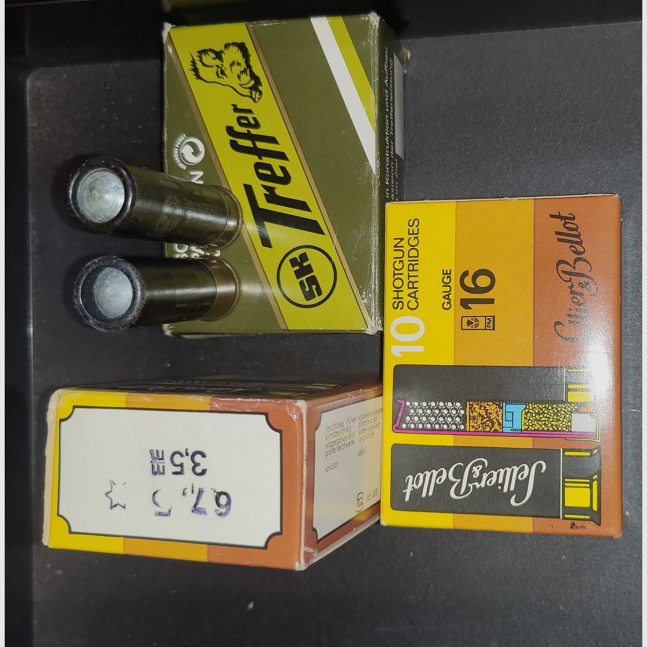 20 Schrotpatronen 16/67.5 Sellier&Belliot 3.5mm / 12 x Flintenlaufgeschoss  16/70 Treffer Schönebeck 