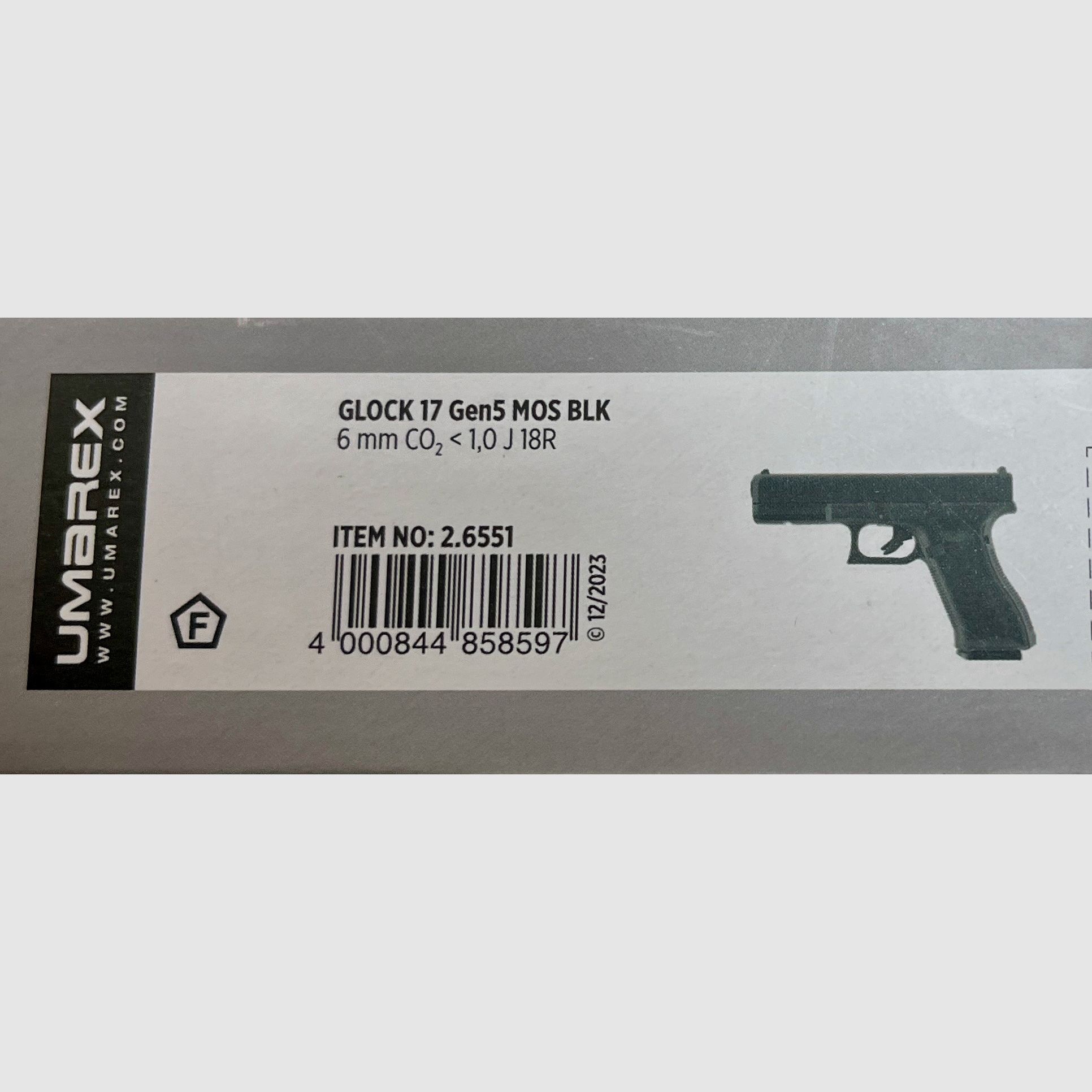 Glock 17 Gen5 MOS (with adapter plates) GBB CO2 Airsoft 6mm, UMAREX, model 2.6551, <1.0 Joule