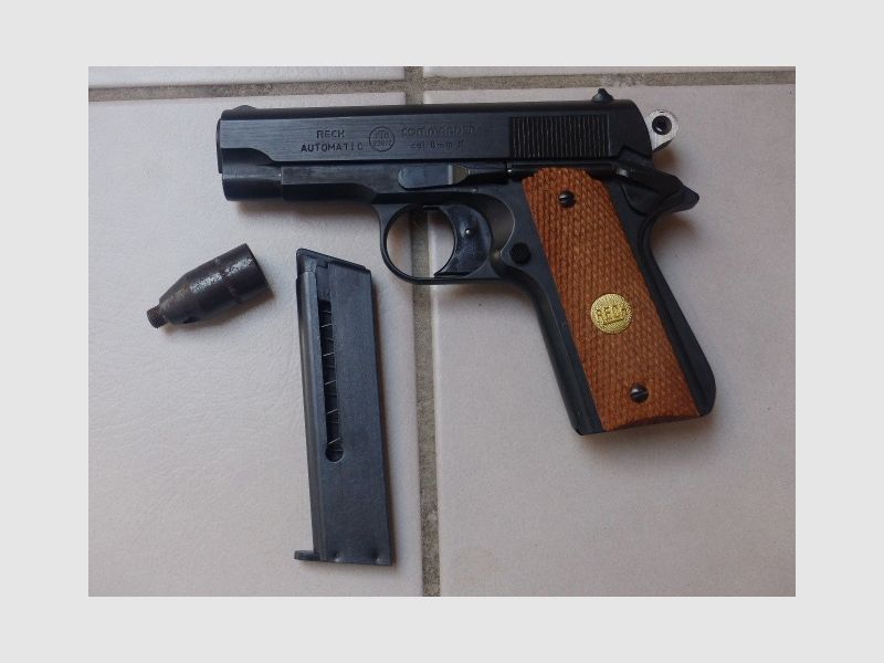 RECK COMMANDER (small 1911) Cal. 8mm k West Germany with magazine, blank firing adapter A, wooden grip panel