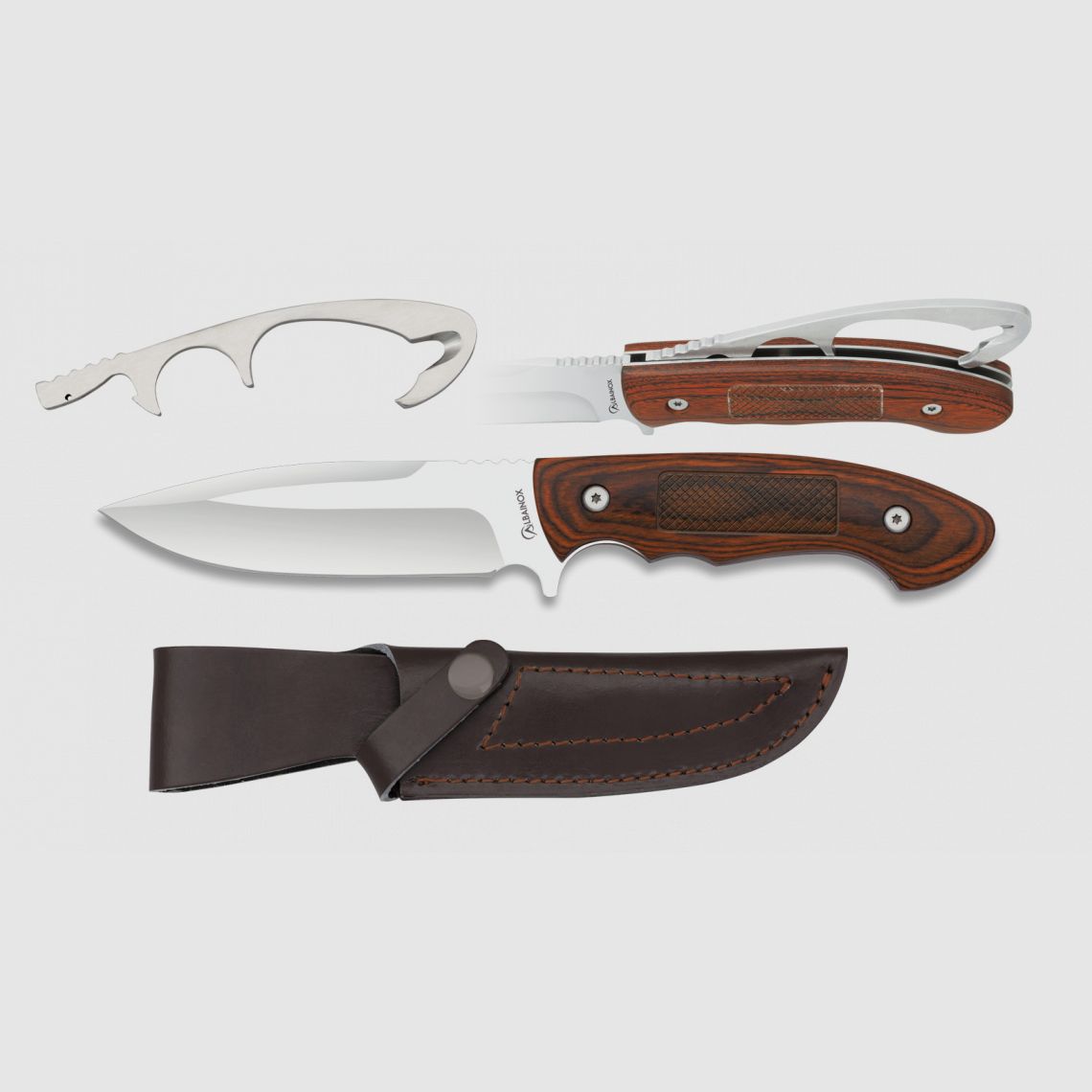 Hunting knife with integrated gut hook leather sheath for hunter knife