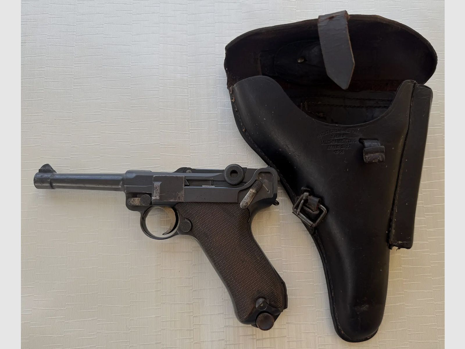 Luger P.08 (DWM 1916) nummerngleiches Komplettset: Pistole, Magazin und Lederholster