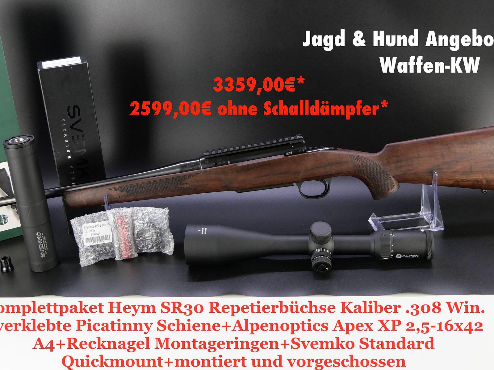 Jagd und Hund 2024 Komplettpaket Heym SR30 Repetierbüchse 308 Win. + Zielfernrohr+Schalldämpfer