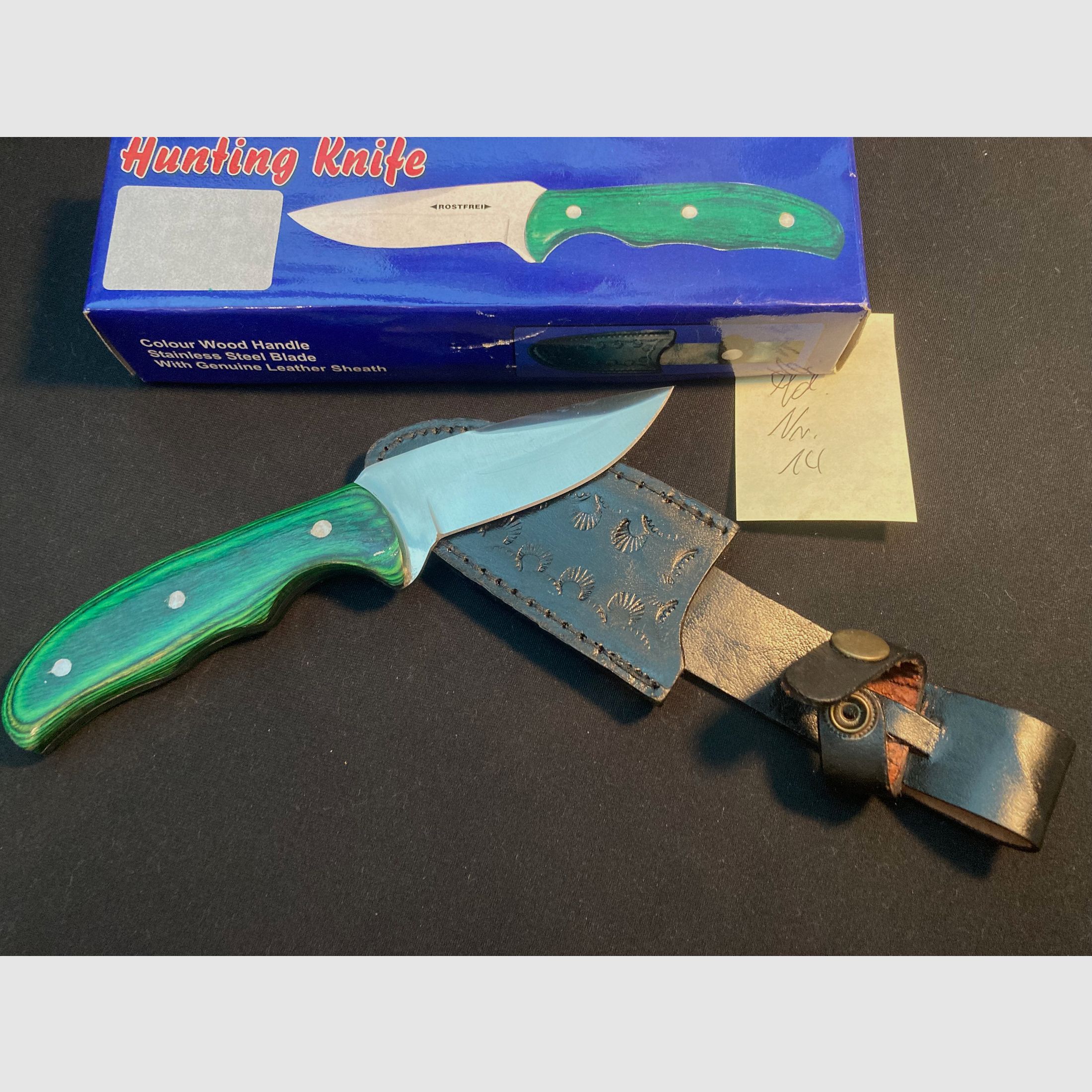 Jagdmesser, Gürtelmesser, Klinge ca. 8cm, Gesamt 21cm, Lederscheide schwarz, Neu + OVP