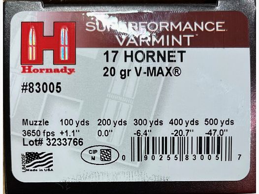 Hornady .17Hornet V-MAX 20grs - 25 coups
