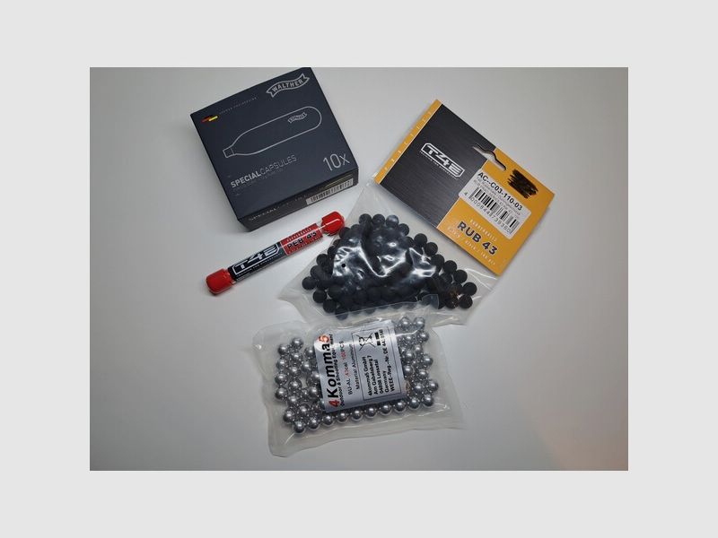 T4E RAM Cal. 0.43 Munition Aluballs, Rubberballs, Pepperballs und CO2 Kapseln als Komplettset