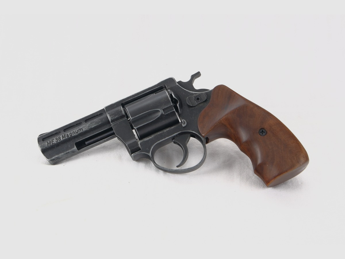 Verkaufe einen neuwertigen Schreckschuss Revolver ME 38 Magnum im Antik Look mit Holzgriffschalen
