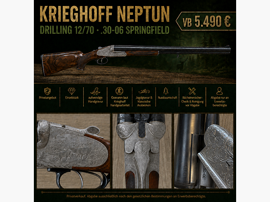 Krieghoff Neptun Drilling 12/70 – .30-06 Springfield – elaborate hand engraving