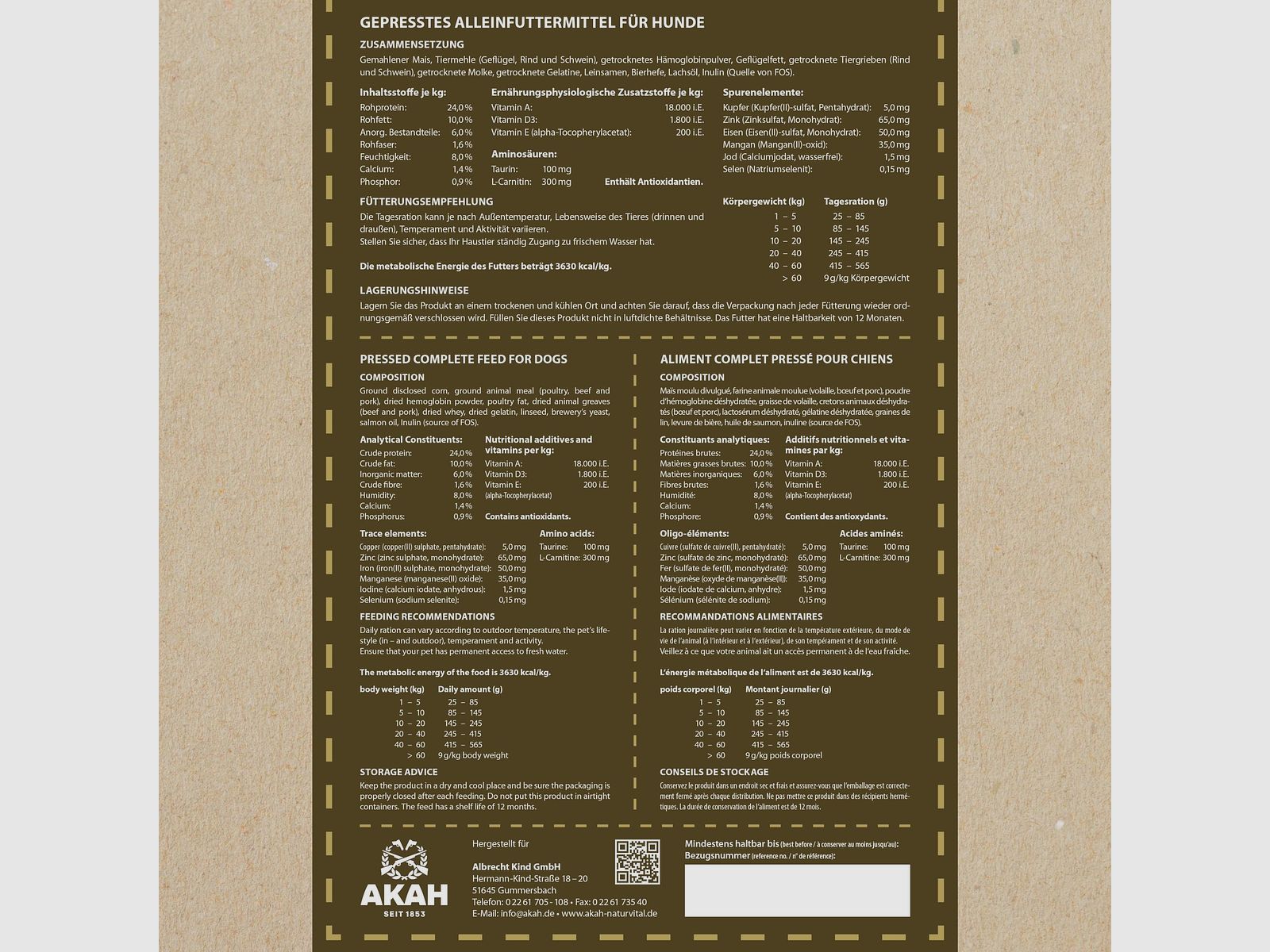 AKAH NaturVital® STANDARD Mangime Completo per Cani da Caccia - 12 kg