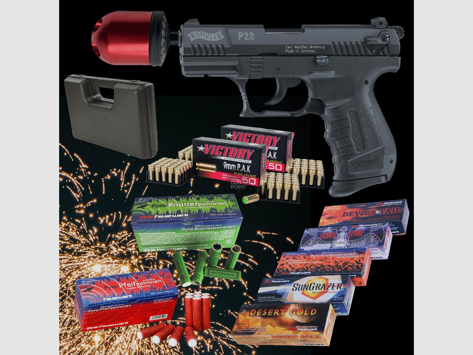 ALL IN ONE MEGASET !!! Schreckschuss - Pistole - Walther P22 - 9 mm P.A.K. inkl. Koffer, Multi Abschussbecher, 100 Platzpatronen & 202 Schuss Effektmunition