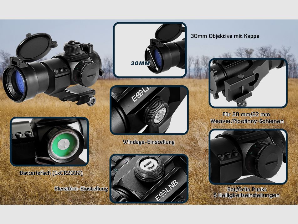 ESSLNB 30mm Red Dot - Red dot sight for Picatinny - Dot reticle - red/green