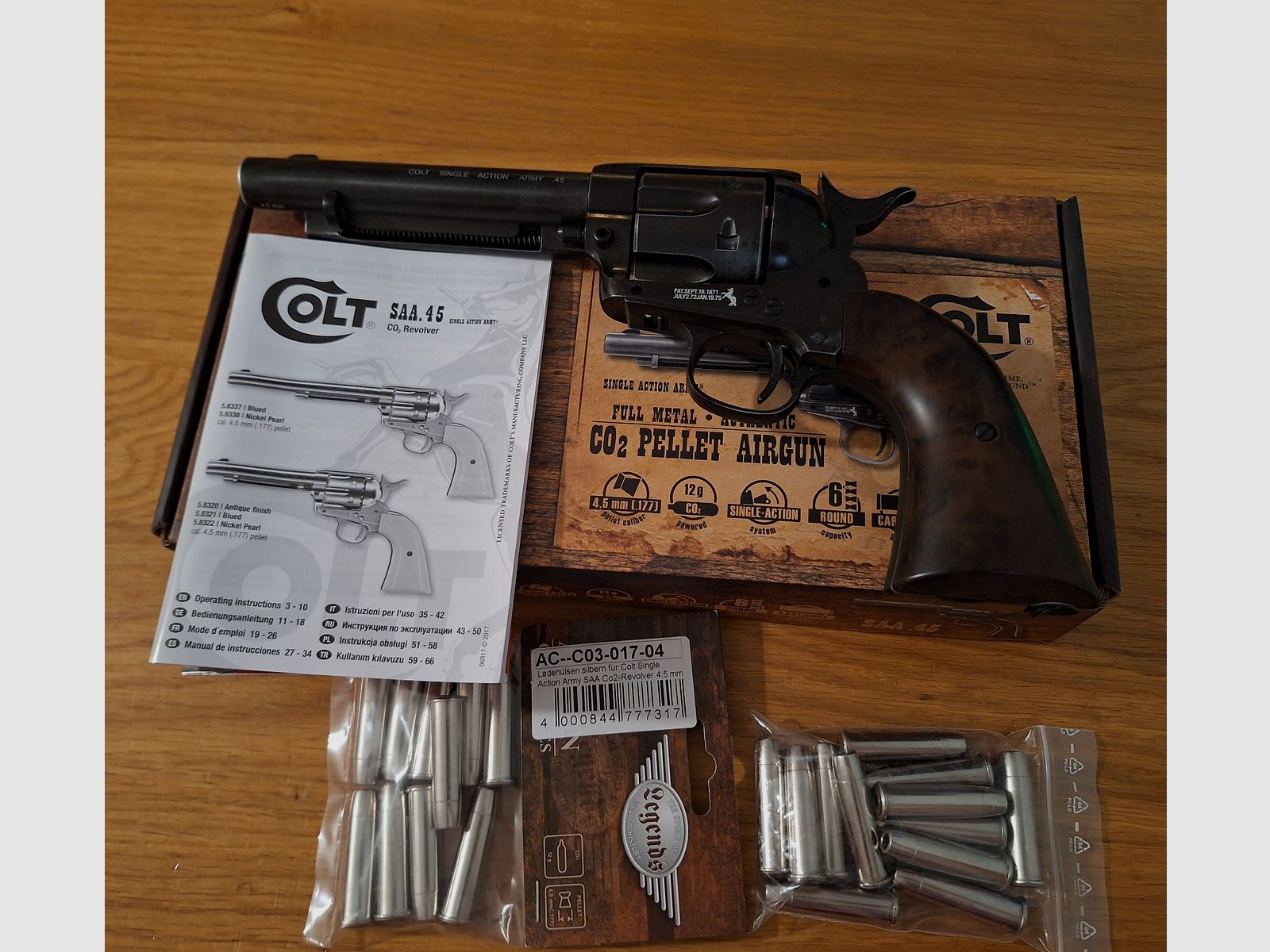 Colt Single Action Army (SAA) Co2 4,5 mm Diabolo gezogener Lauf realistisches Nachladen mit 22 Ladehülsen antik finish