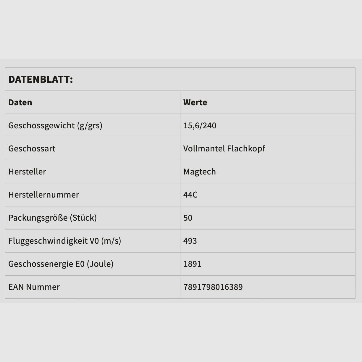 Magtech 144867 .44 Mag. FMJ-Flat 15,55g 240grs. 50 Stück Revolverpatronen