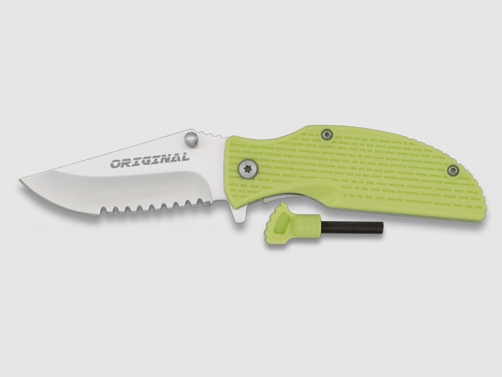 Outdoor Taschenmesser grn mit Feuerstarter Survival Sge-Zahnung