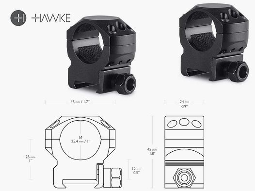 HAWKE Zielfernrohrmontage, Ringmontage (Paar), Weaverschiene, 1 Zoll Durchmesser, Alu, mittel