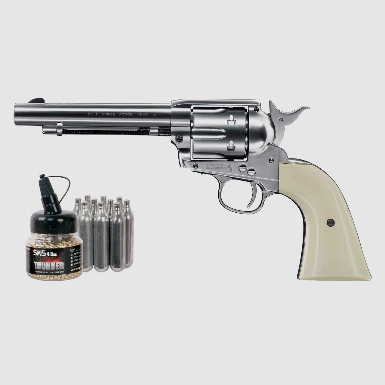 CO2 Revolver Colt Single Action Army SAA .45 5.5 Zoll Nickel Finish weiĂźe Griffschalen Kaliber 4,5 mm BB (P18)+ Stahlrundkugeln CO2 Kapsel