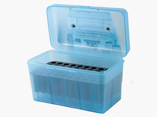MTM Deluxe cartridge box H50-RL-10 blue clear with flip lid and carrying handle for 50 cartridges .30-06 and others.