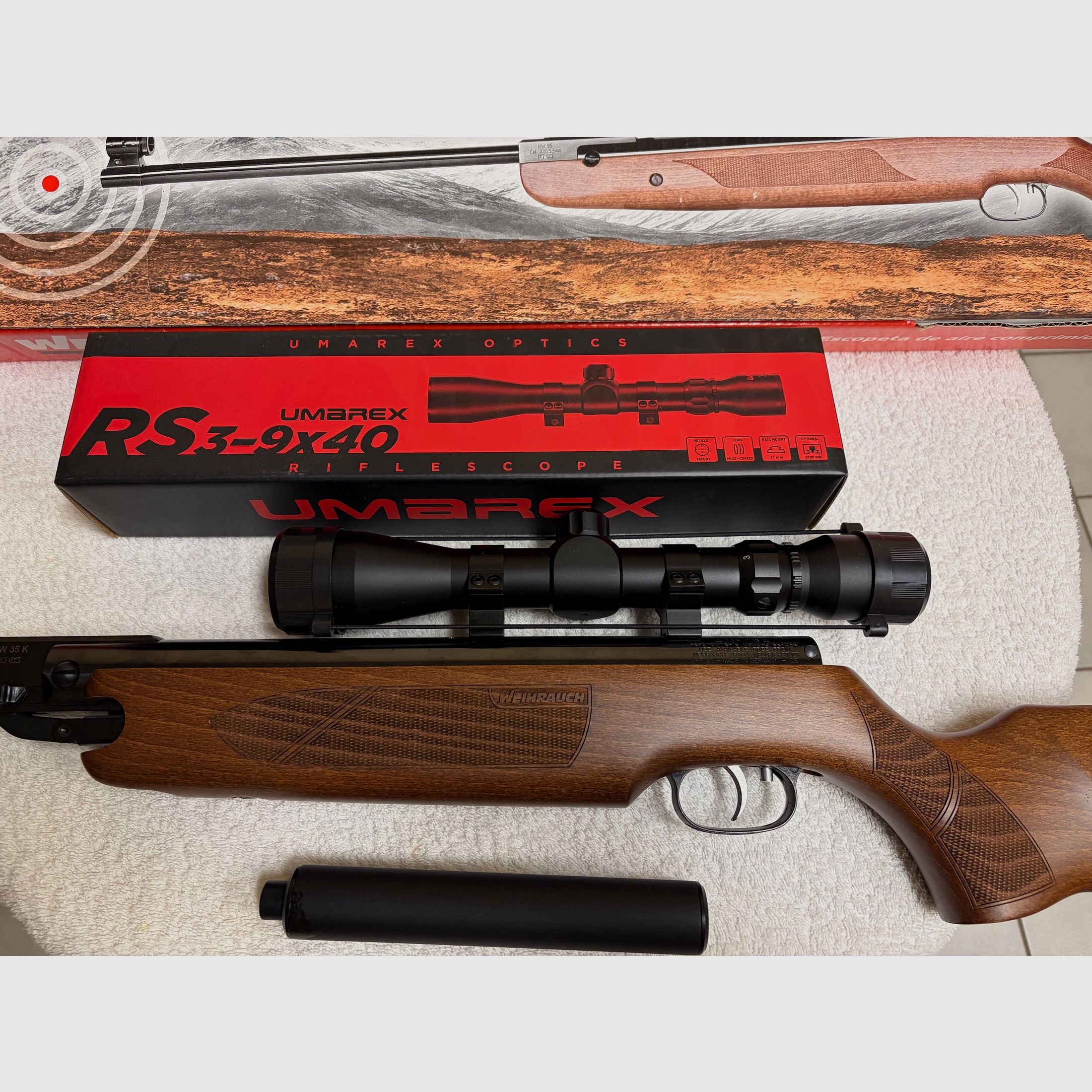 Fucile ad aria compressa: Weihrauch KW 35 K con silenziatore e telescopio Umarex RS 3-9x40, nuovo e mai usato,