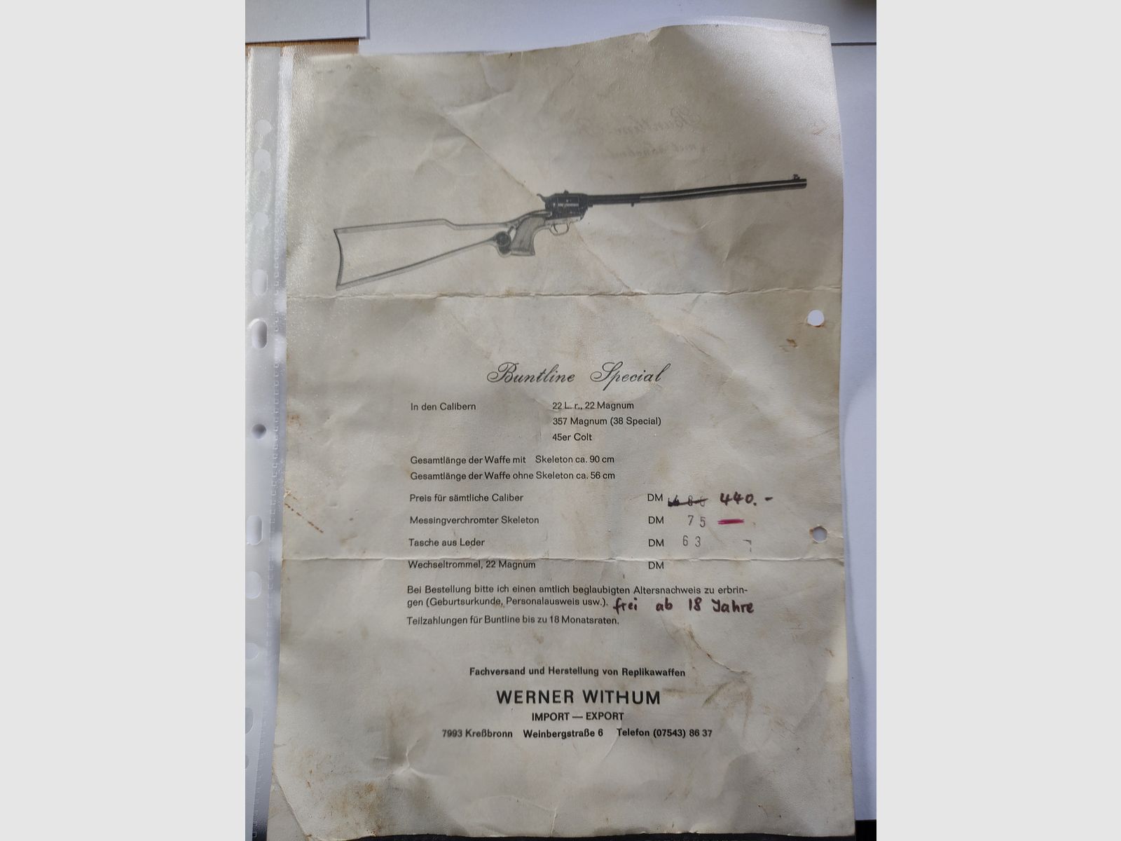  RARITÄT: Herbert Schmidt Mod. 121 Buntline Special | PTB 259 | Kal. 9mm R Knall | inkl. originaler Schulterstütze & historischem Kaufprospekt!