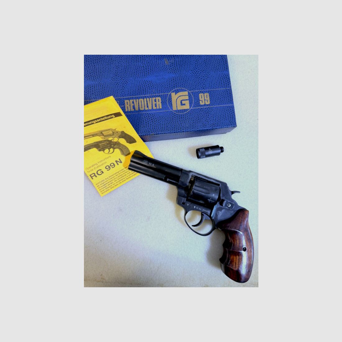 Röhm RG99 N / RG 99N blank firing revolver 9 mm R.K. PTB 597 with wooden grip & original packaging