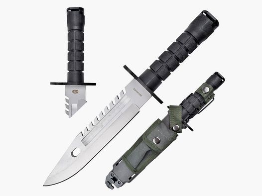 Survival knife with pouch and belt attachment