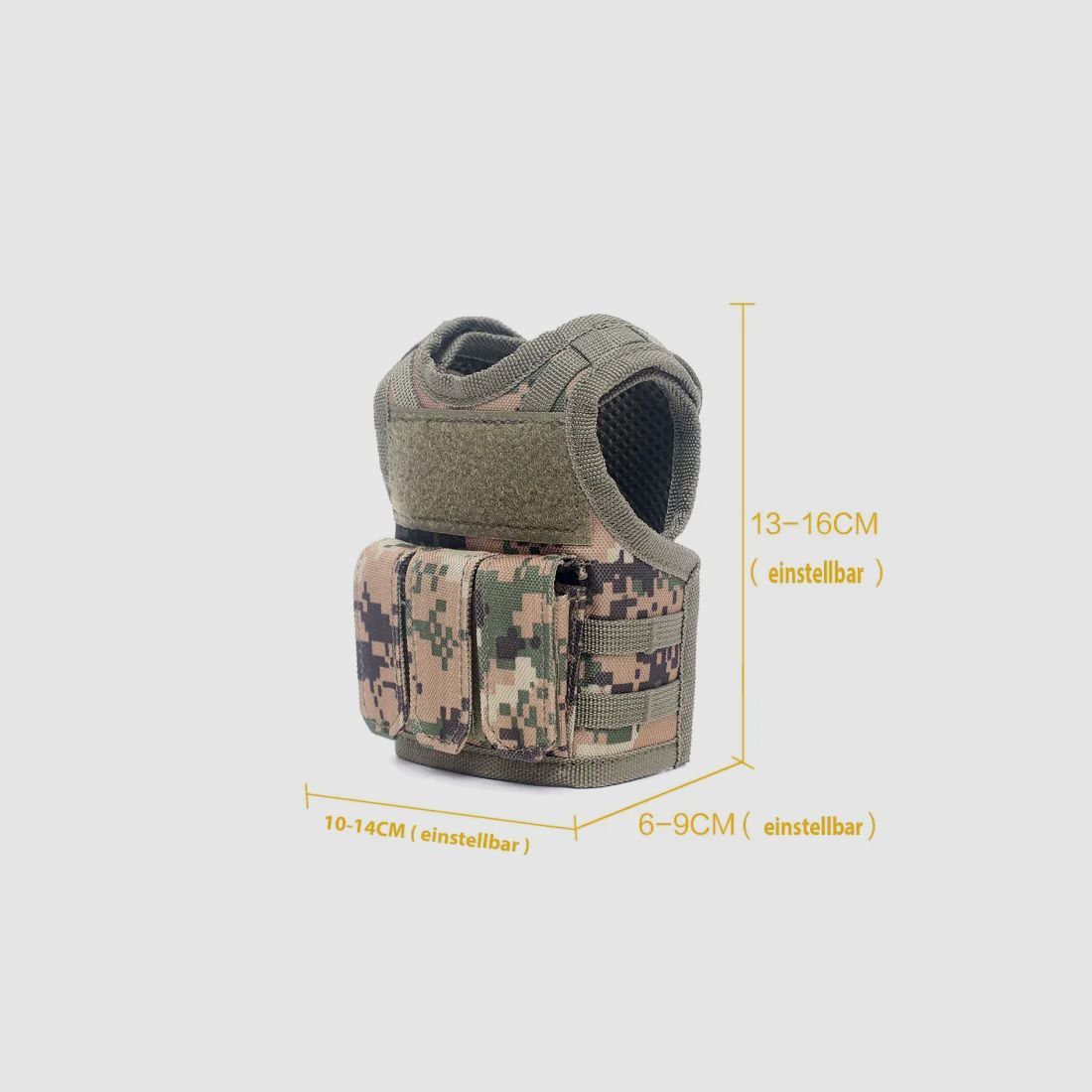 Mini Tactical Schutzweste mit Fronttaschen für Bierflasche / Weinflasche / Thermosflasche - Digital-Woodland